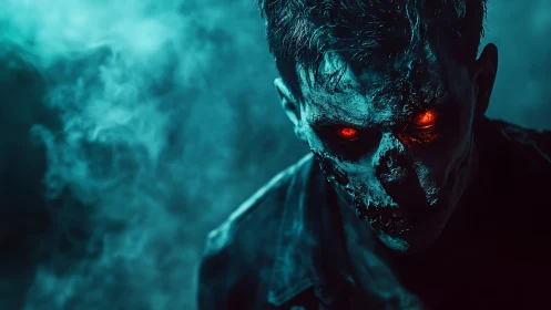 Undead figure glares through teal fog with burning red eyes