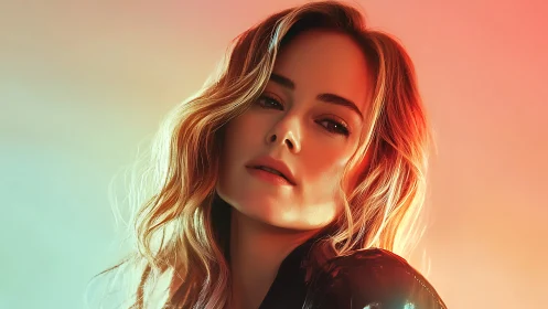 Confident woman portrait with warm colorful gradient light.