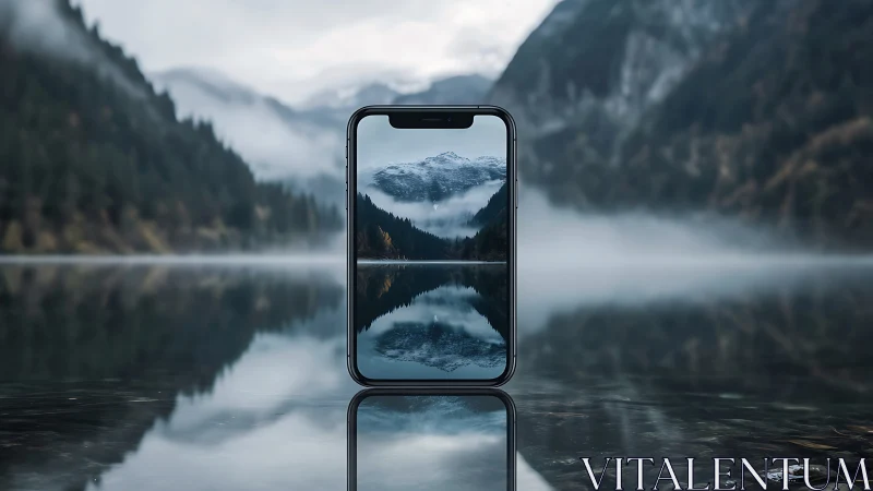 Smartphone reflects misty mountain lake in serene symmetry