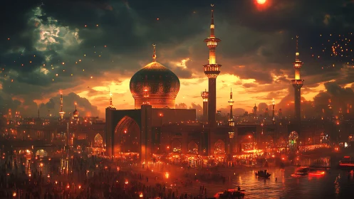 Luminous domed mosque complex glows under dense ember-lit twilight