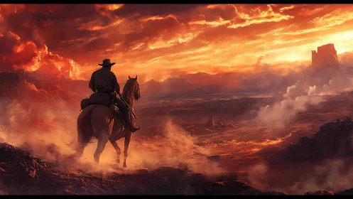 Lone cowboy on horseback surveying fiery desert canyon at dusk