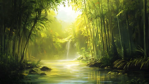 Waterfall through bamboo forest with golden light filtering through canopy