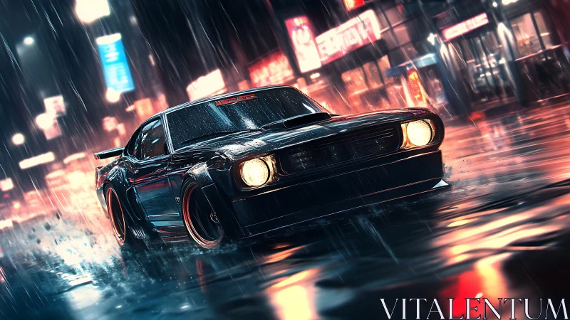 Retro muscle car drifts through neon rain-soaked city street.