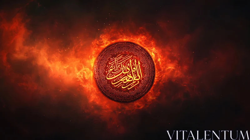 Fiery Arabic calligraphy medallion radiates in cosmic darkness.