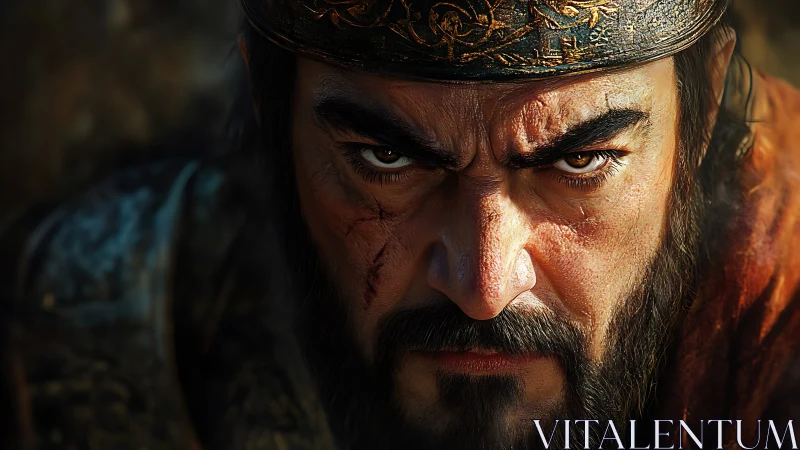 Photorealistic warrior close-up with intense battle-scarred gaze.