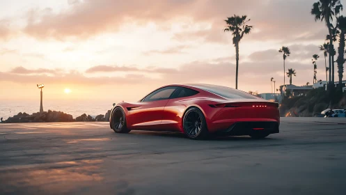 Red electric coupe at sunset on coastal promenade.