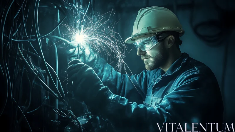 Industrial electrician welding amid cables in teal low-key lighting