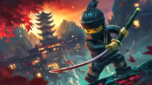 Miniature shadow warrior guards a neon-steeped mountain temple.