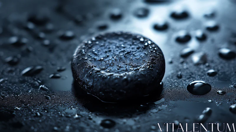 Wet black stone rests on dark reflective surface