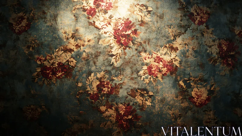 Vintage floral wallpaper glows under warm spotlight.