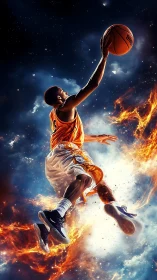 Basketball player leaping in cosmic, fiery space scene.