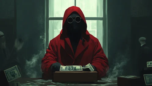 Masked figure in red coat counting illicit cash indoors.