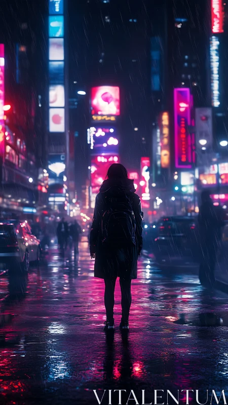 Silhouette under neon rain in crowded night city street.