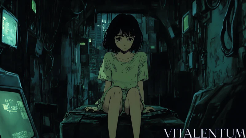 Cyberpunk alley portrait with solitary girl on crate.