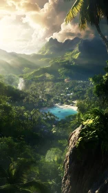 Tropical Valley with Turquoise Lagoon and Mountain Vista.