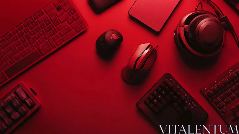 Monochrome red-lit gaming peripherals arrayed on desktop