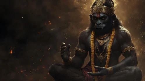 Primate deity figure sits cross-legged amid ember-filled haze