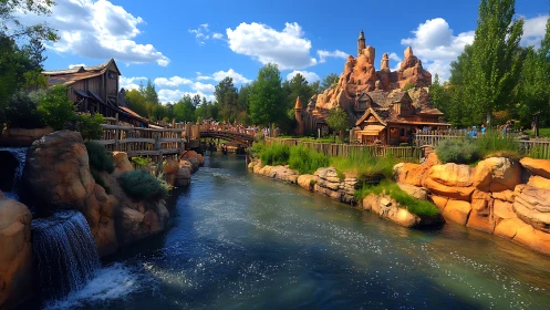 Sunny canyon river winding past whimsical wooden frontier.