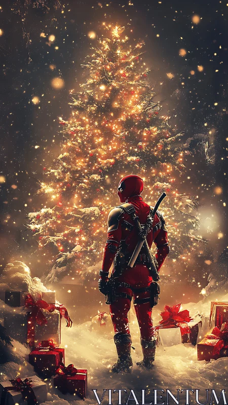 Joyful masked hero admires a glowing Christmas tree