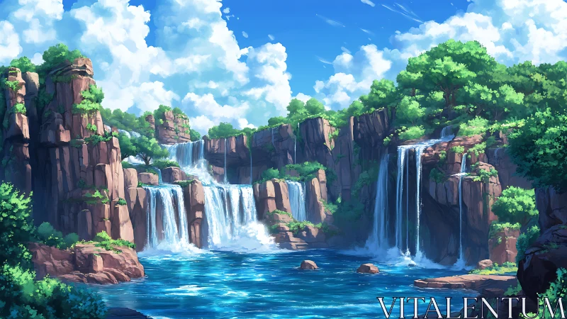 Layered waterfalls cascade over cliffs into clear blue basin