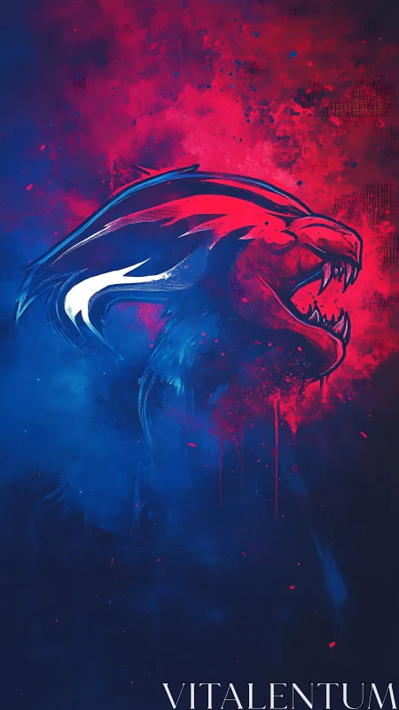 Roaring neon panther leaps from electric red and blue mist