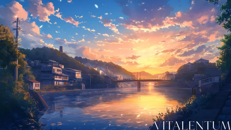 Riverfront town at golden hour sunset with bridge reflections