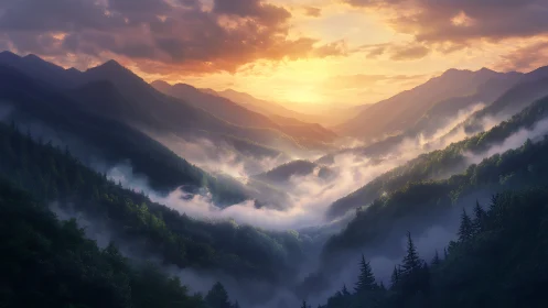 Golden sunrise unfolding over a misty, dreamlike valley.