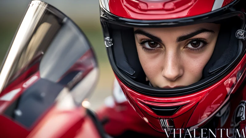 Intense motorcycle racer portrait in glossy red helmet.
