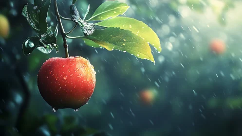 Hydrated apple macro under directional rainfall illumination.