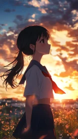 Anime schoolgirl silhouette under glowing sunset sky.