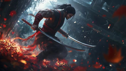 Samurai warrior holding twin katanas in burning leaves.