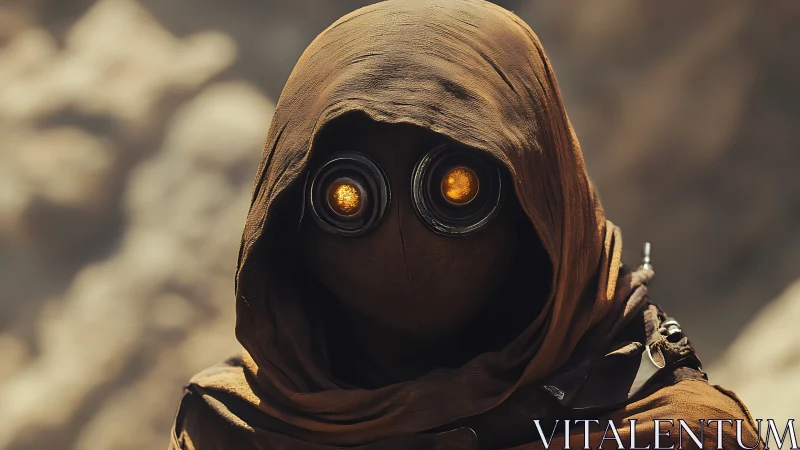 Desert scavenger figure with oxidized goggles and layered fabric cowl