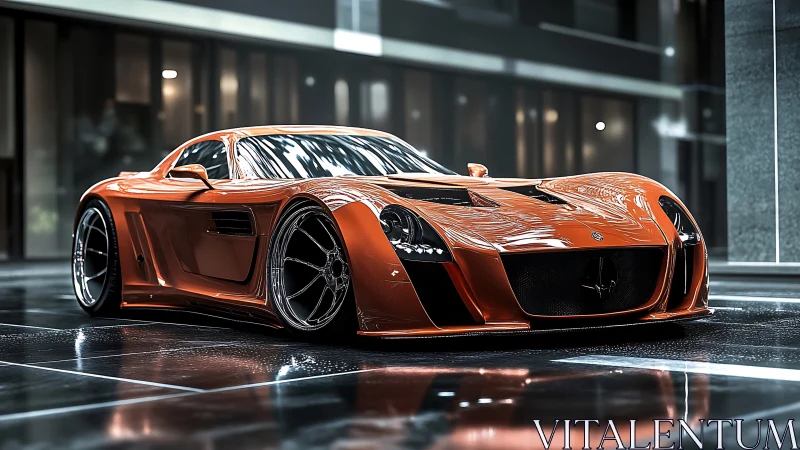 Low-slung metallic orange hypercar with widebody aero kit