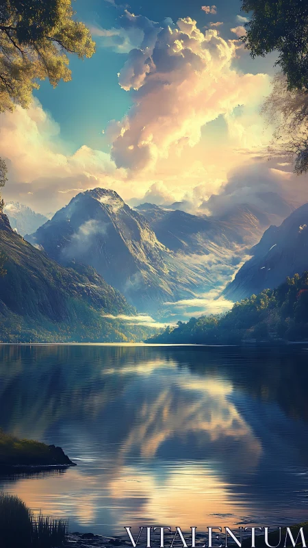 High-altitude valley lake reflects cloud-lit alpine massif