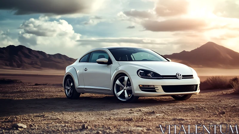 Photorealistic white coupe on desert track at golden hour.