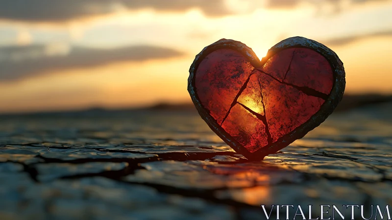 Red heart-shaped object illuminated by sunset on water surface.