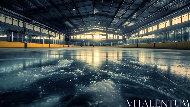 Sunlit rink hush and scraped ice waiting for first glide.