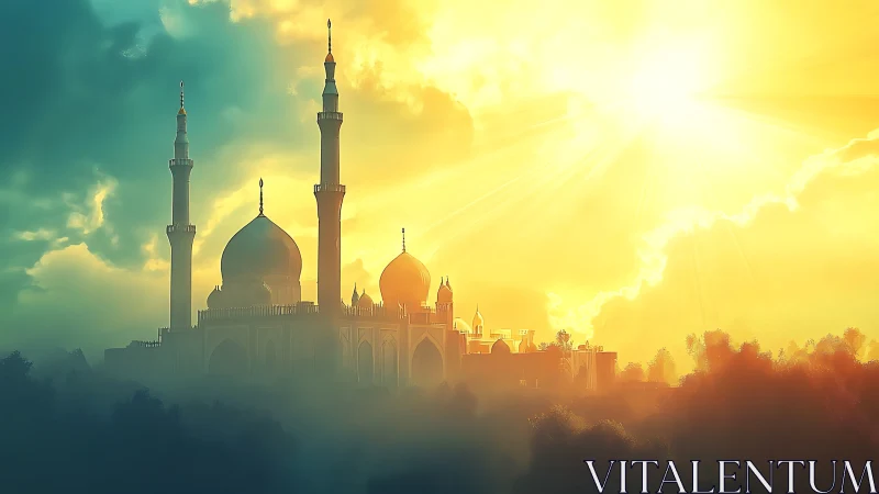 Mosque silhouette under bright sun and dense golden sky.