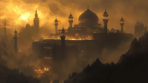 Sunlit domed fortress citadel in volcanic haze at dusk