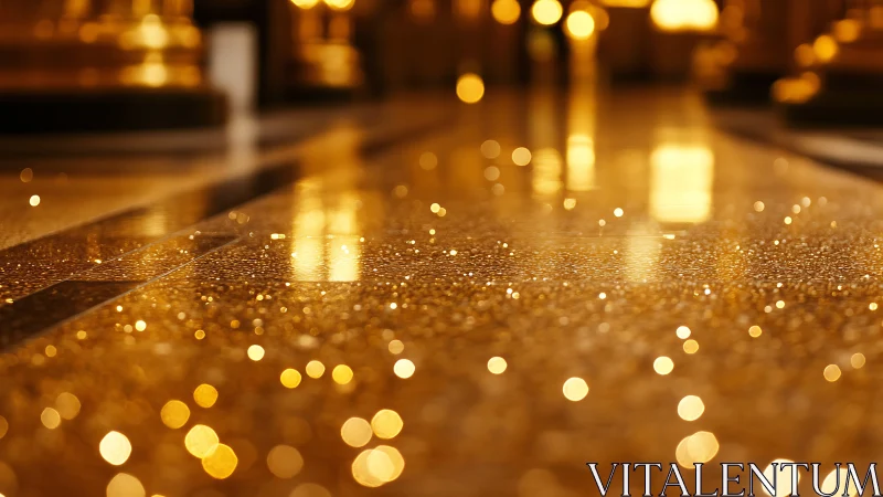 Gilded hallway floor glittering with soft golden bokeh light.