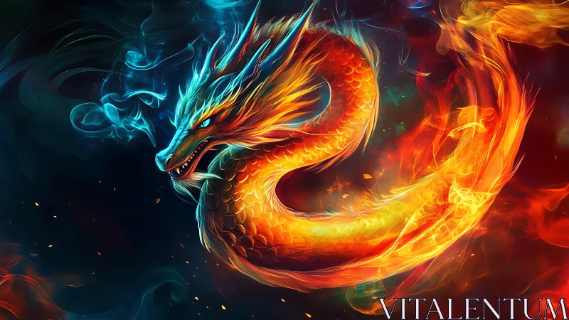 Digital painting of a serpentine fire dragon in neon vortex.
