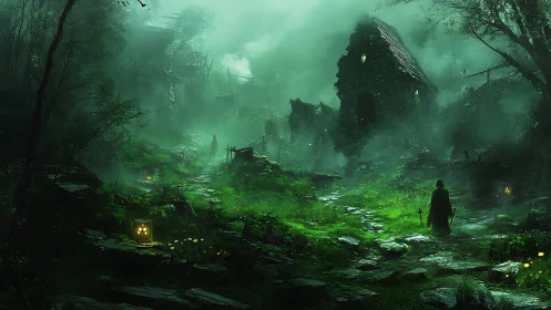 Hooded wanderer enters misty ruin with eerie green glow.