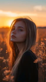 Sunlit portrait in golden hour meadow with warm rim light.