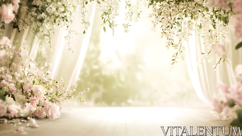 Soft floral wedding aisle glows with romantic morning light