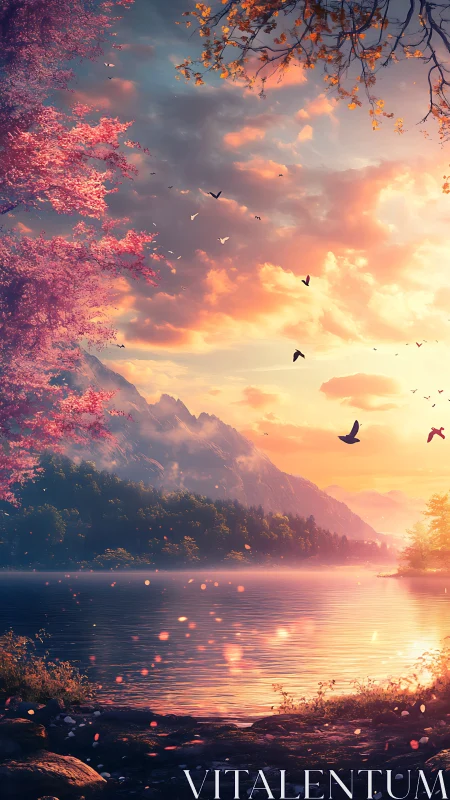 Sunlit mountain lake glows under a dreamy pastel sky