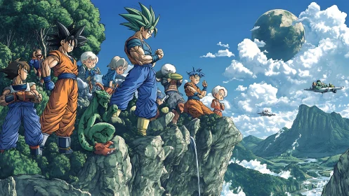 Anime warriors observing mountainous landscape from cliffs.