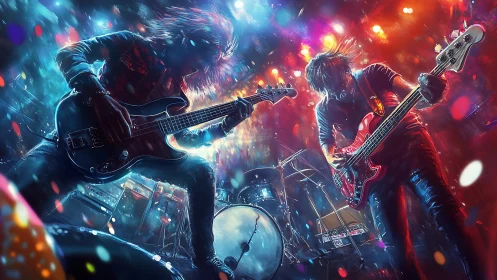 High-energy rock guitarists under saturated concert lighting