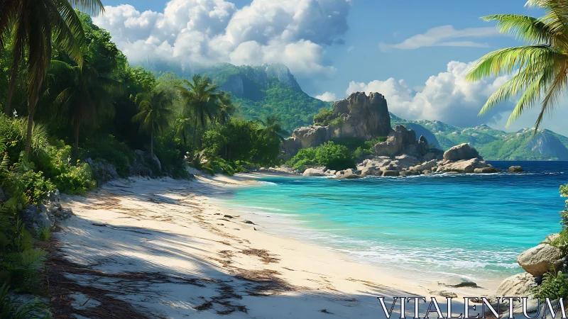 Tropical island beach with turquoise water, palms, rock formations.