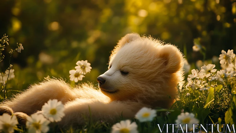 Golden-hour bear cub portrait uses soft backlighting and bokeh