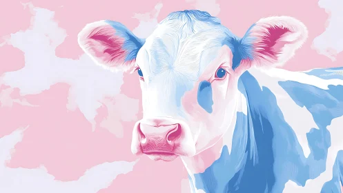 Pastel blue cow gazes softly against dreamy pink sky.